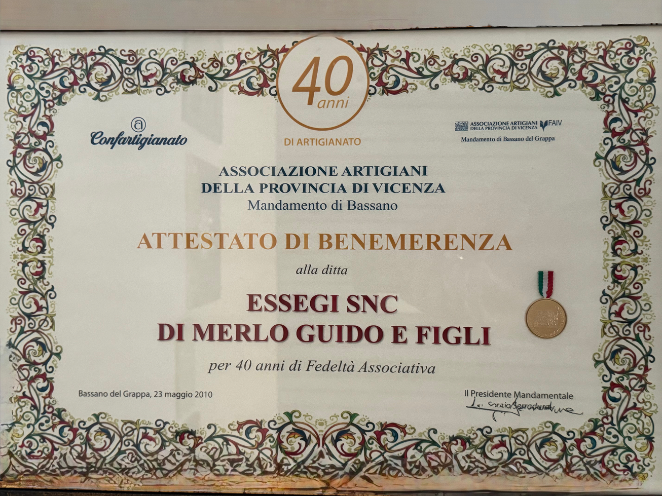 Secondo attestato di benemerenza Essegi